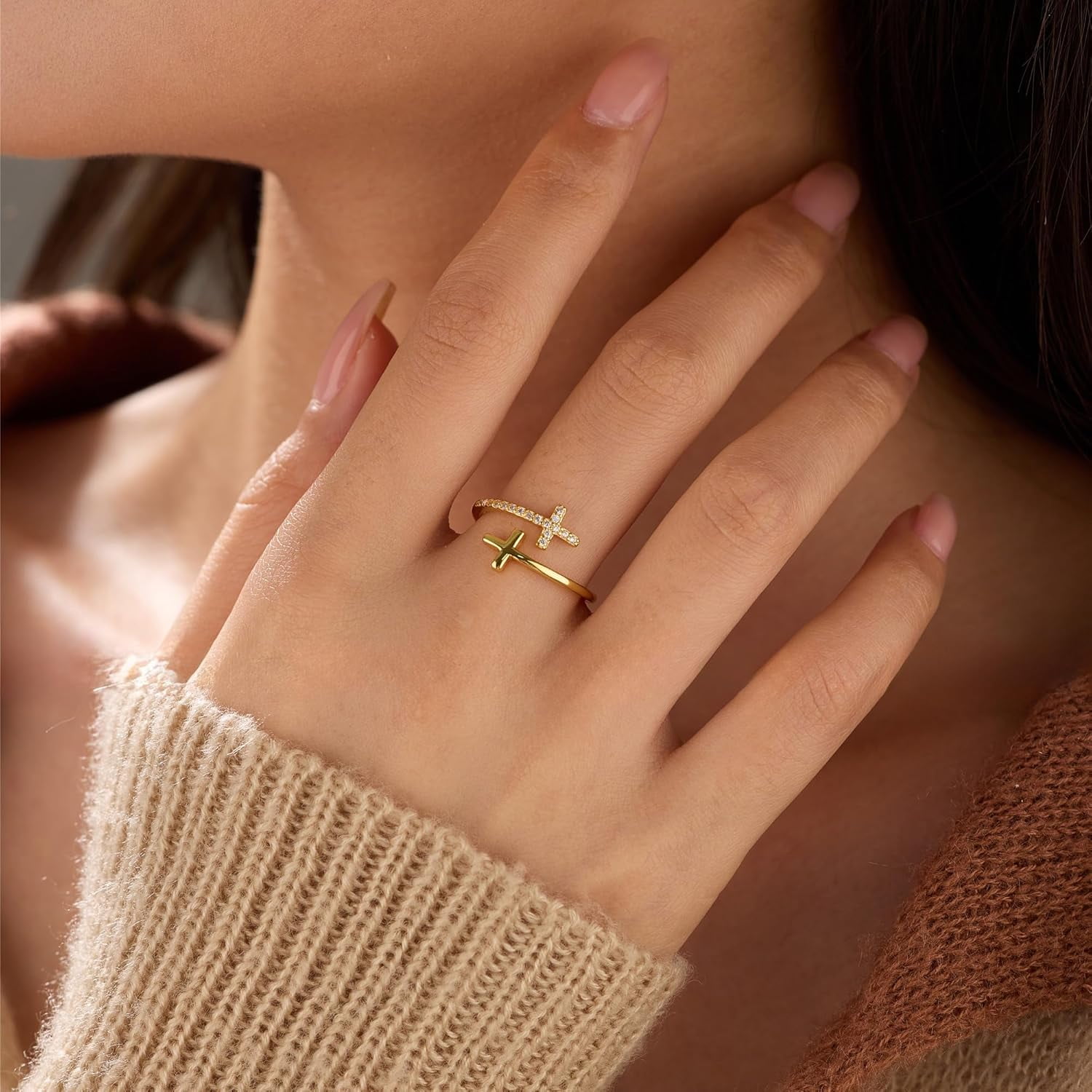 Dainty 14k Gold Plated Cross Rings for Women 925 Sterling Silver Purity Ring with Blue Birthstone CZ Crystal Christian Faith Ring Easter Confirmation Baptism Jewelry Gifts to Daughter - Image 3