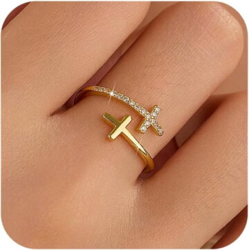 Dainty 14k Gold Plated Cross Rings for Women 925 Sterling Silver Purity Ring with Blue Birthstone CZ Crystal Christian Faith Ring Easter Confirmation Baptism Jewelry Gifts to Daughter