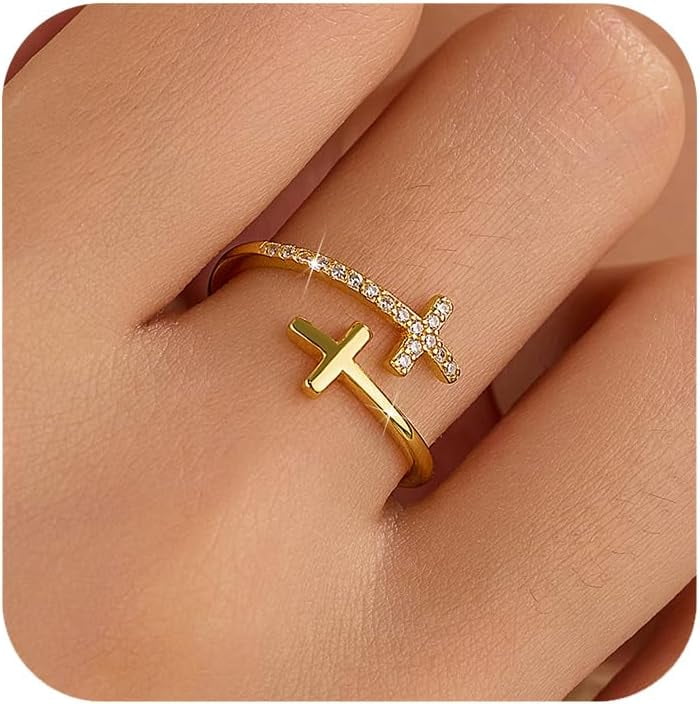 Dainty 14k Gold Plated Cross Rings for Women 925 Sterling Silver Purity Ring with Blue Birthstone CZ Crystal Christian Faith Ring Easter Confirmation Baptism Jewelry Gifts to Daughter