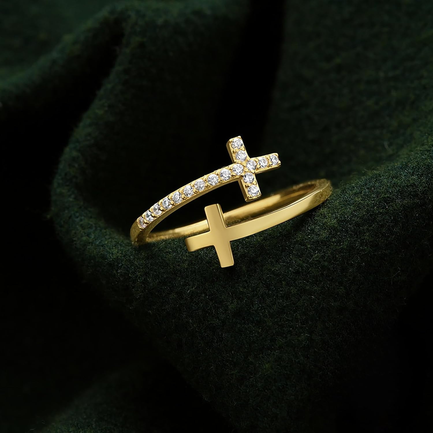 Dainty 14k Gold Plated Cross Rings for Women 925 Sterling Silver Purity Ring with Blue Birthstone CZ Crystal Christian Faith Ring Easter Confirmation Baptism Jewelry Gifts to Daughter - Image 5