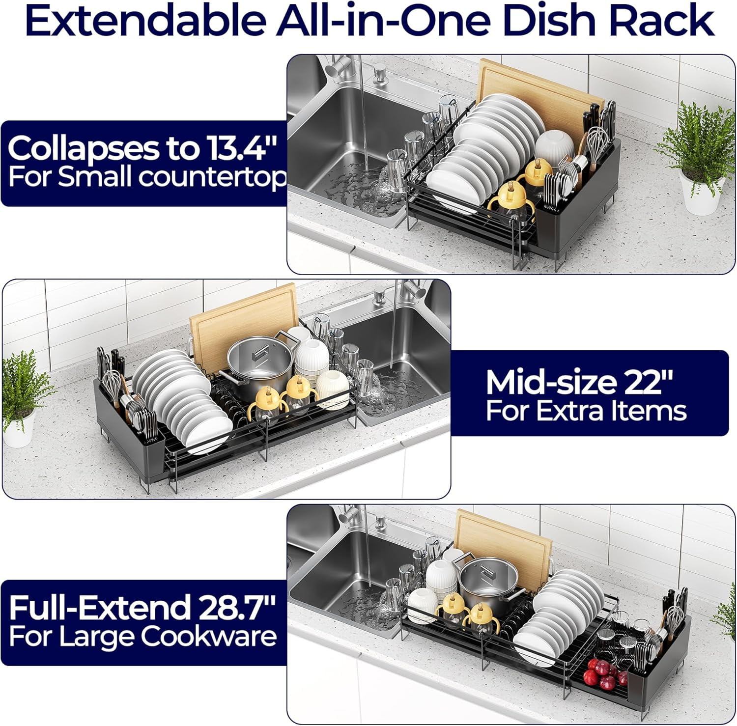 Delamu Extendable Dish Rack Kitchen Drainer Set, Dish Drying Rack with Utensil & Cup Holders, Black (11.8" W x 13.4"-28.7" L) - Image 4