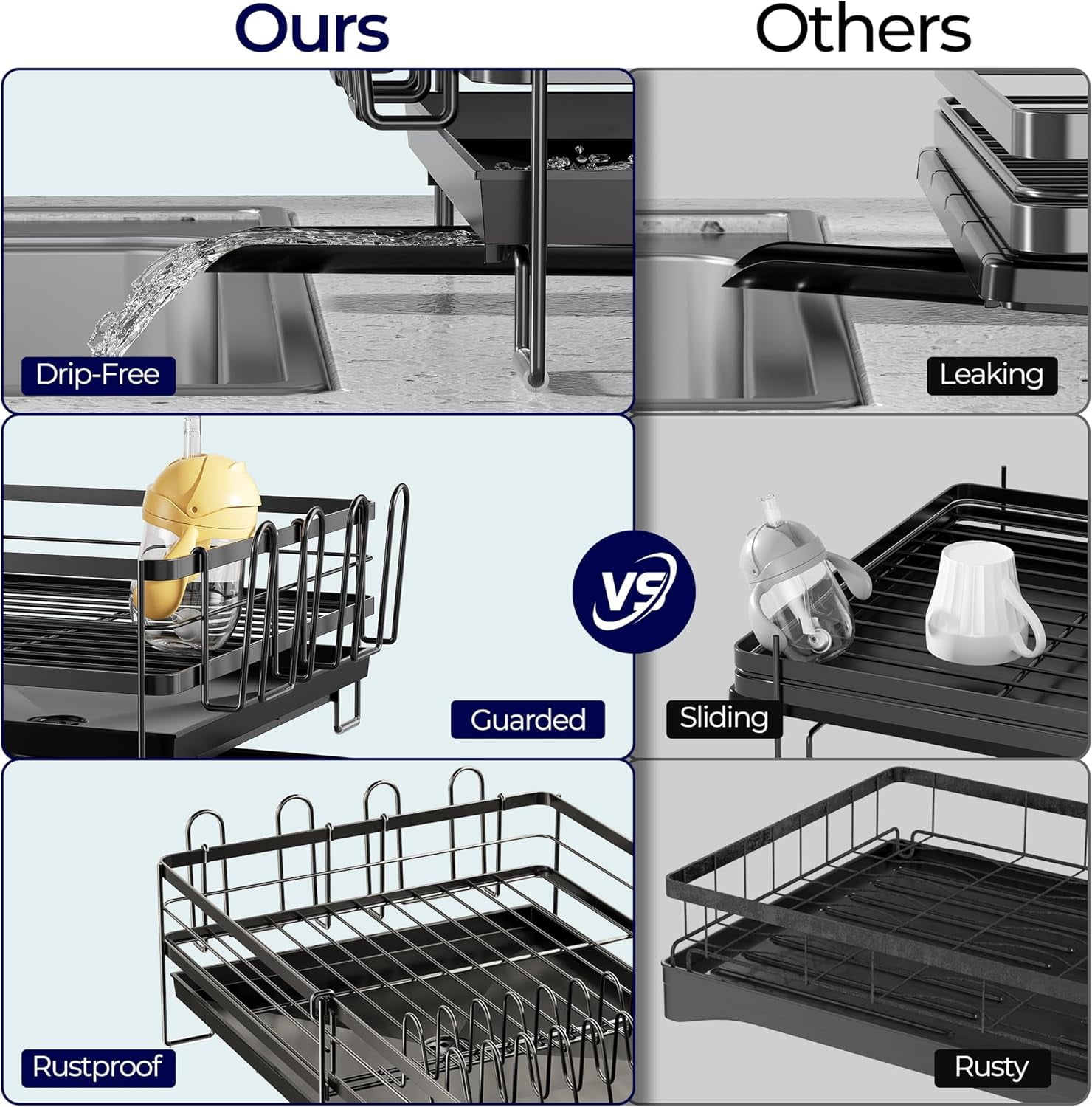 Delamu Extendable Dish Rack Kitchen Drainer Set, Dish Drying Rack with Utensil & Cup Holders, Black (11.8" W x 13.4"-28.7" L) - Image 2