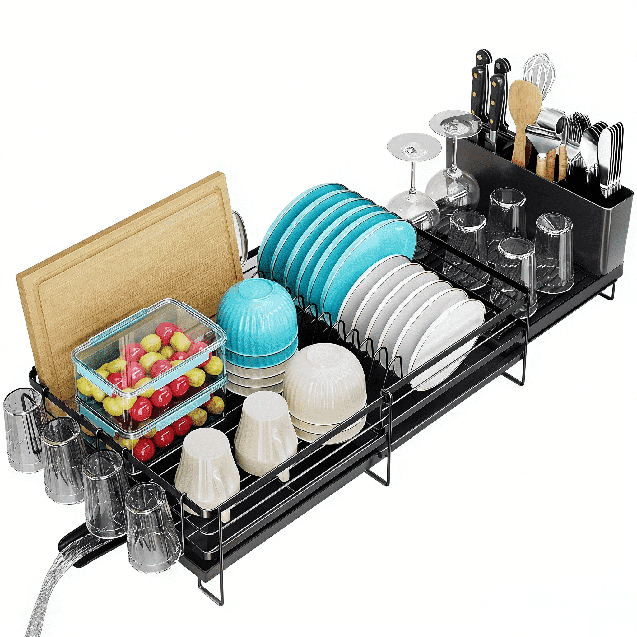 Delamu Extendable Dish Rack Kitchen Drainer Set, Dish Drying Rack with Utensil & Cup Holders, Black (11.8" W x 13.4"-28.7" L) - Image 3