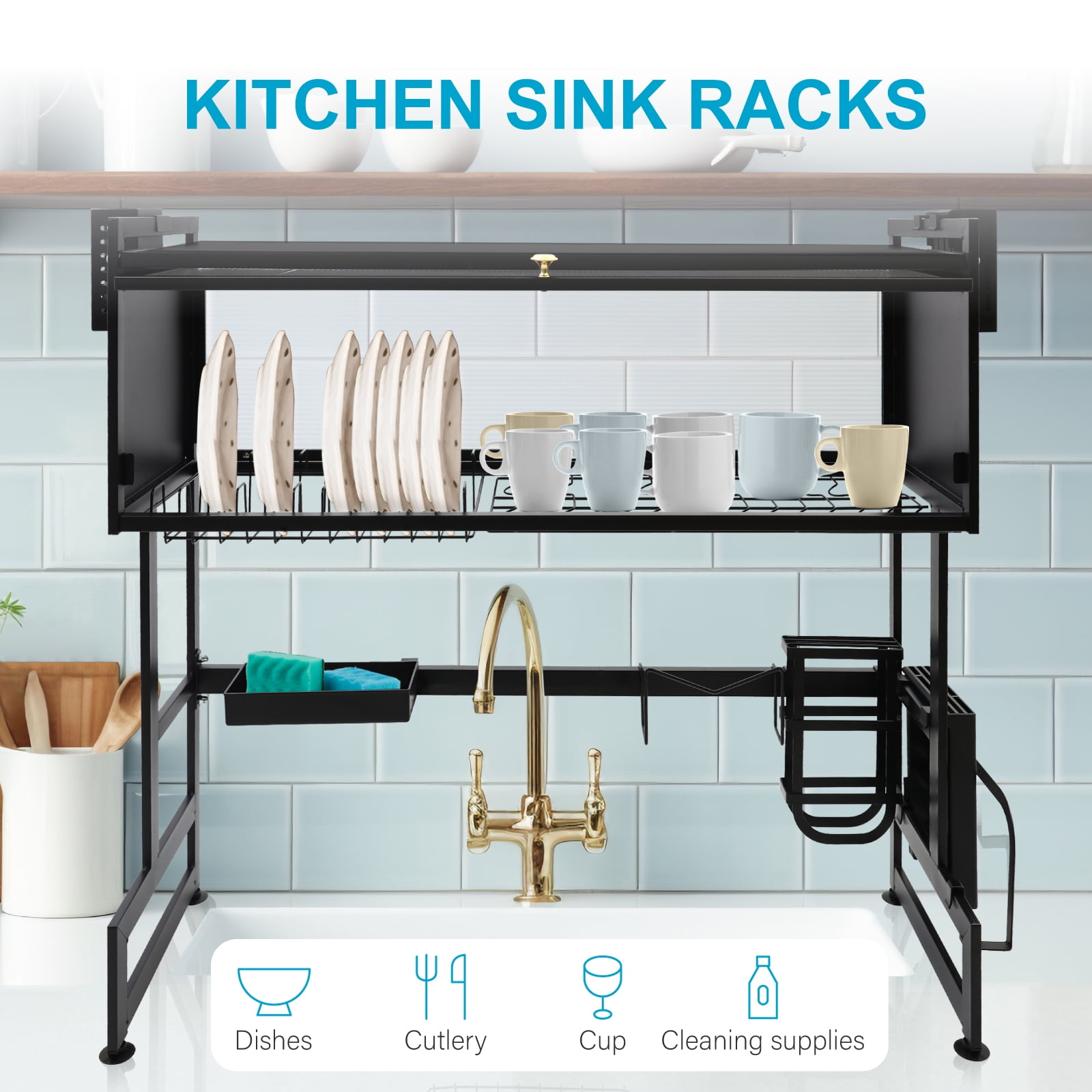 Dish Drying Rack, Large Stainless Steel Over The Sink 2 Tier Dish Rack with Cover for Kitchen (Black, Large 33.5" Length) - Image 5