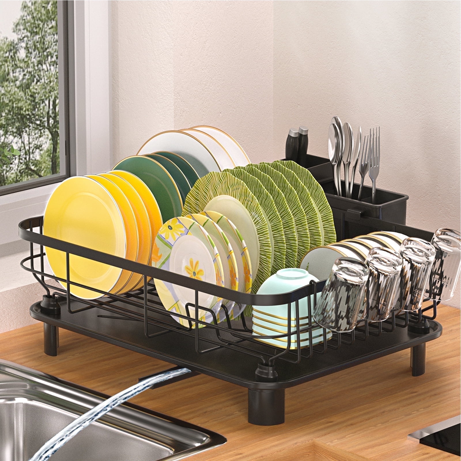 Dish Drying Rack, WLRETMCI Dish Drainer for Kitchen Counter, Large Dish Rack with Utensil Holder, Drainboard and Swivel Spout