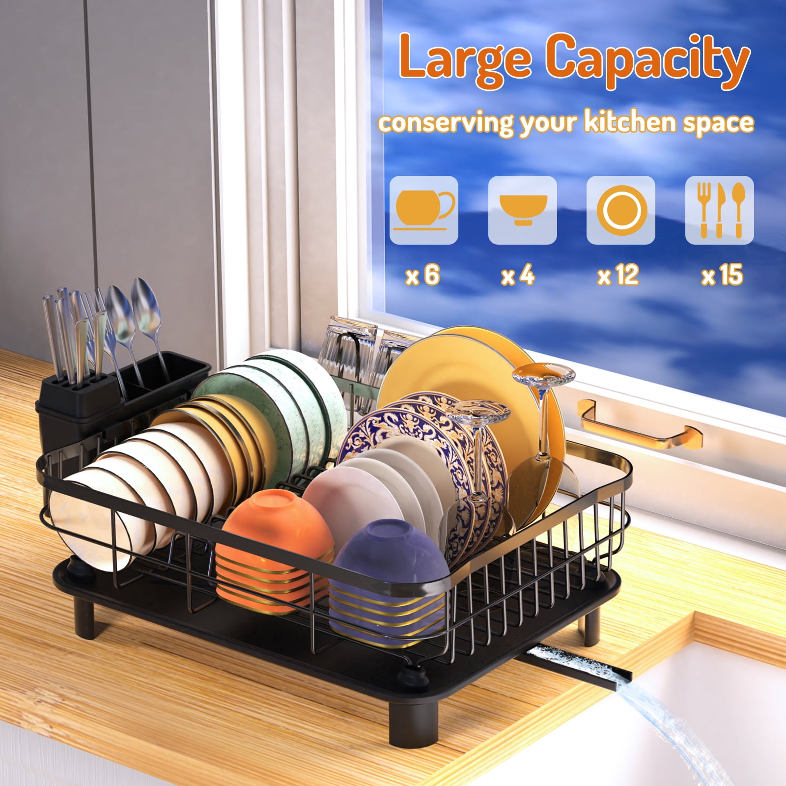 Dish Drying Rack, WLRETMCI Dish Drainer for Kitchen Counter, Large Dish Rack with Utensil Holder, Drainboard and Swivel Spout - Image 4