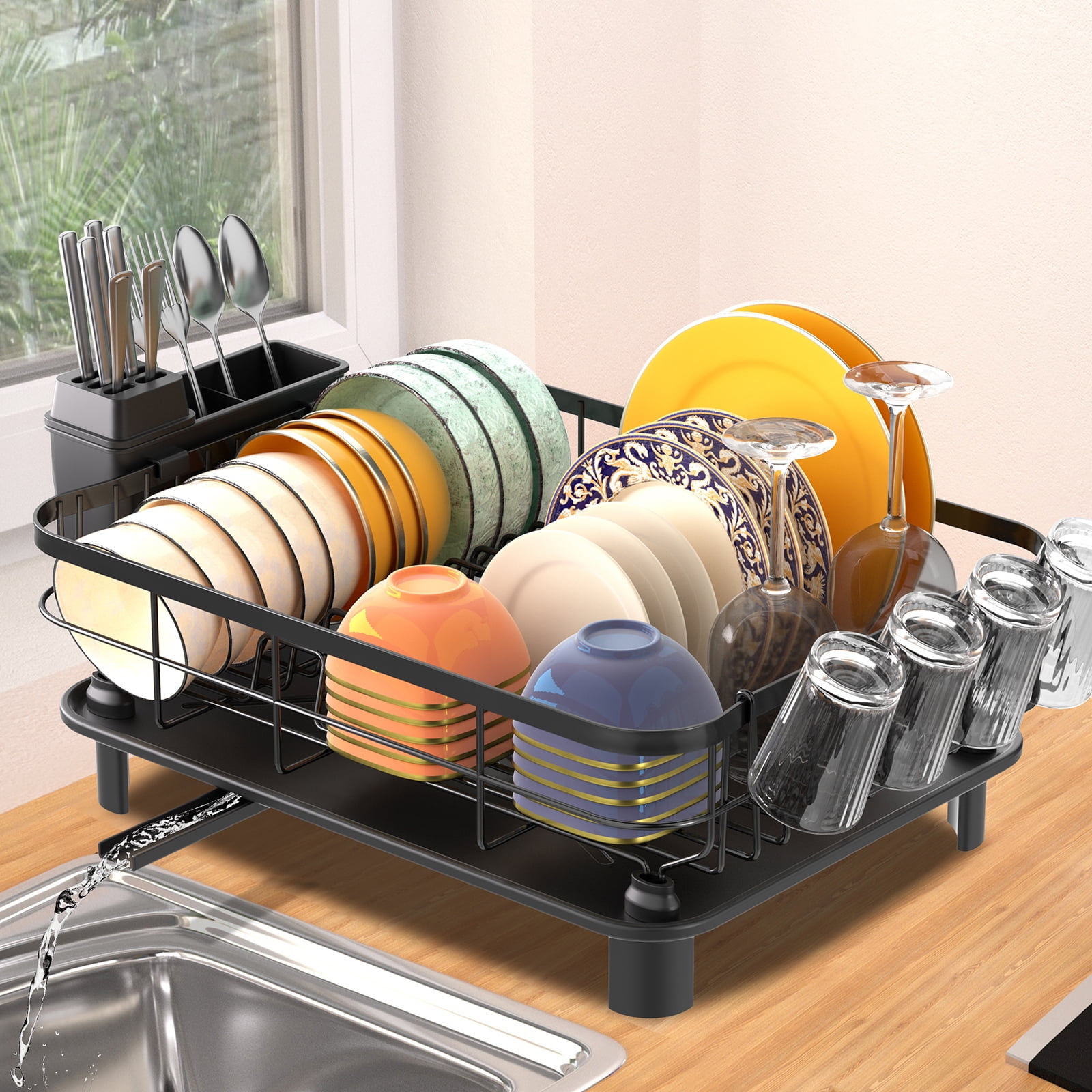 Dish Drying Rack, WLRETMCI Dish Drainer for Kitchen Counter, Large Dish Rack with Utensil Holder, Drainboard and Swivel Spout - Image 3