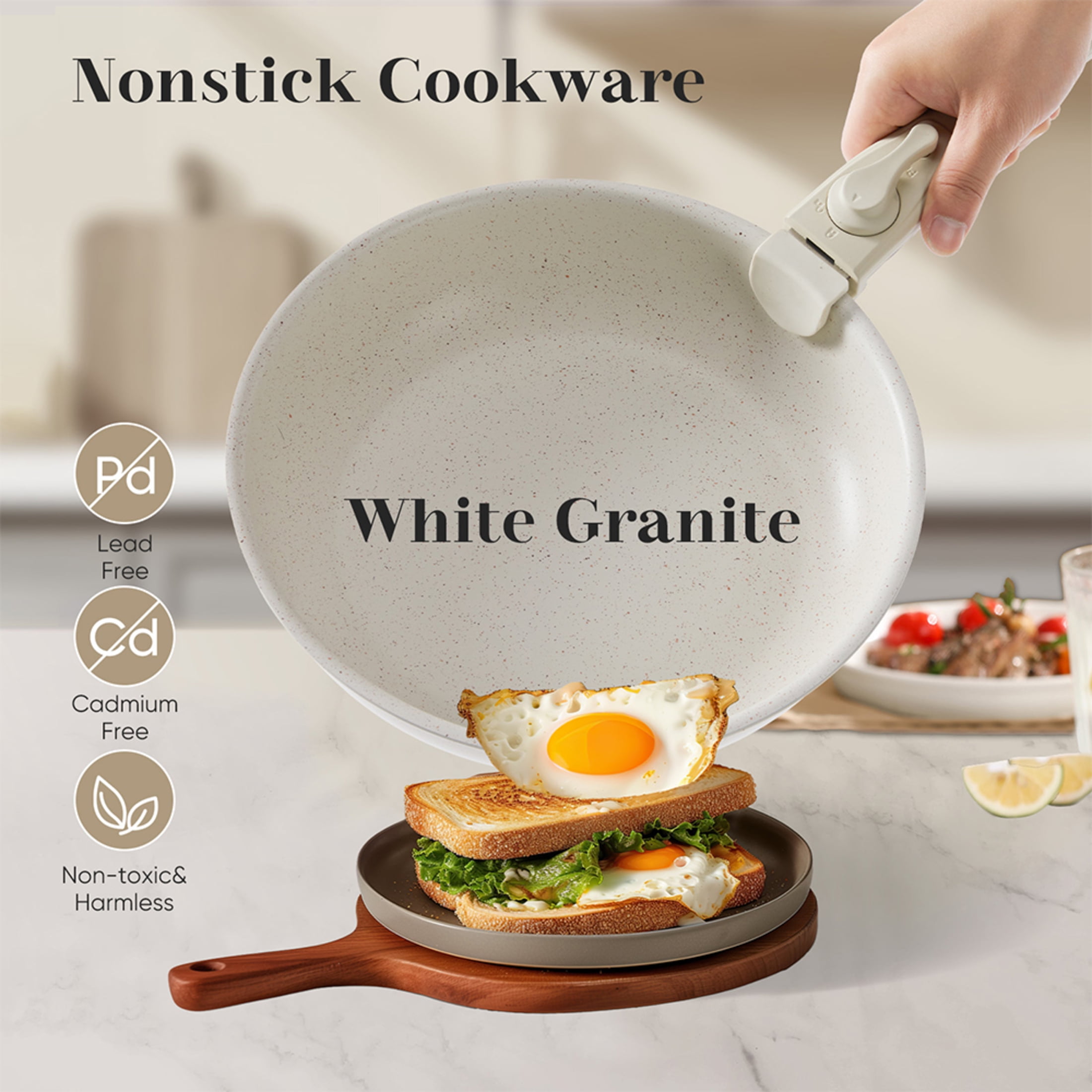 edx 12pcs Non-Stick Cookware Set, Pots and Pans Set with Detachable Handle for Kitchen, Beige - Image 3