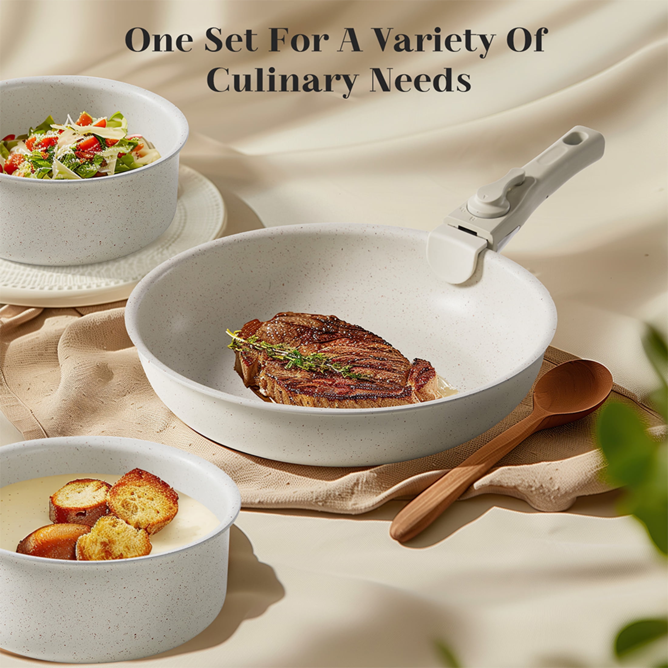 edx 12pcs Non-Stick Cookware Set, Pots and Pans Set with Detachable Handle for Kitchen, Beige - Image 5