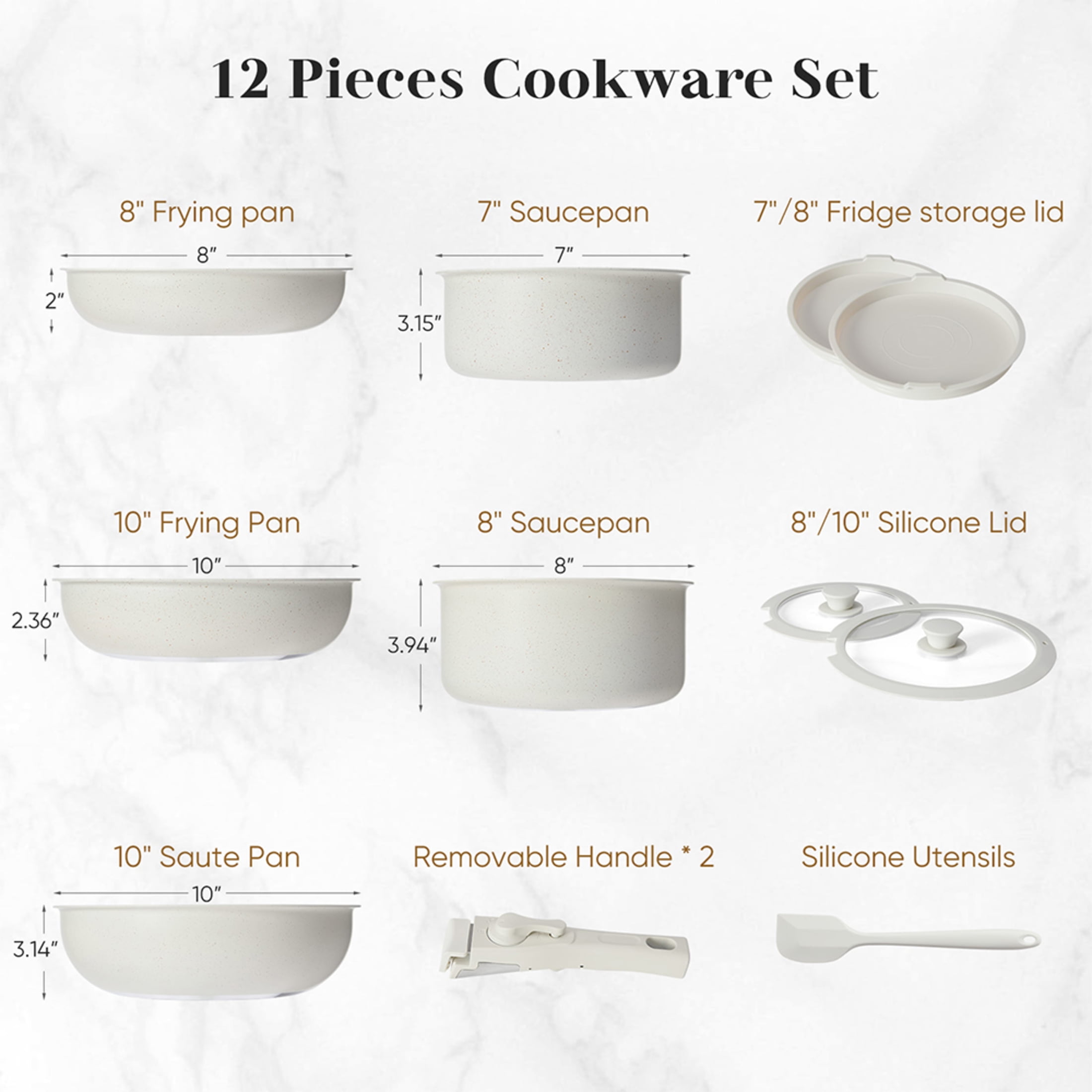 edx 12pcs Non-Stick Cookware Set, Pots and Pans Set with Detachable Handle for Kitchen, Beige - Image 2