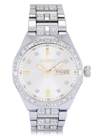 Elgin Adult Men's Silver and Crsytal Round Case Watch with Date Feature. (FG180036)