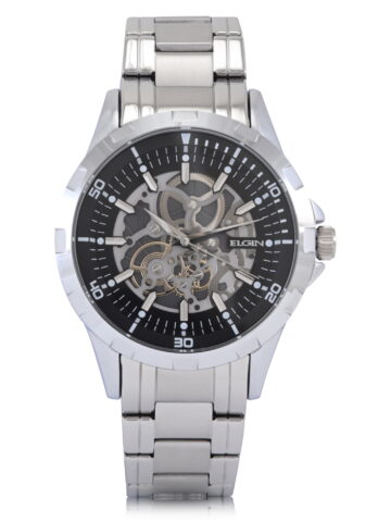 Elgin Adult Men's Silver Round Case Watch with Faux Skeleton Dial. (FG180031)