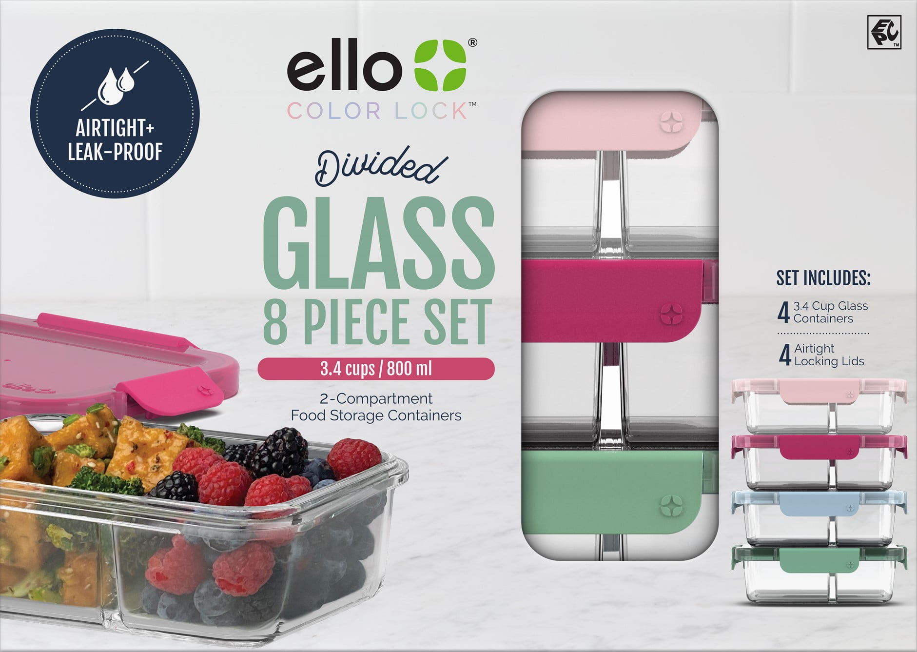 Ello Color Lock 8pc 3.4 Cup Divided Glass Meal Prep Set - Image 5