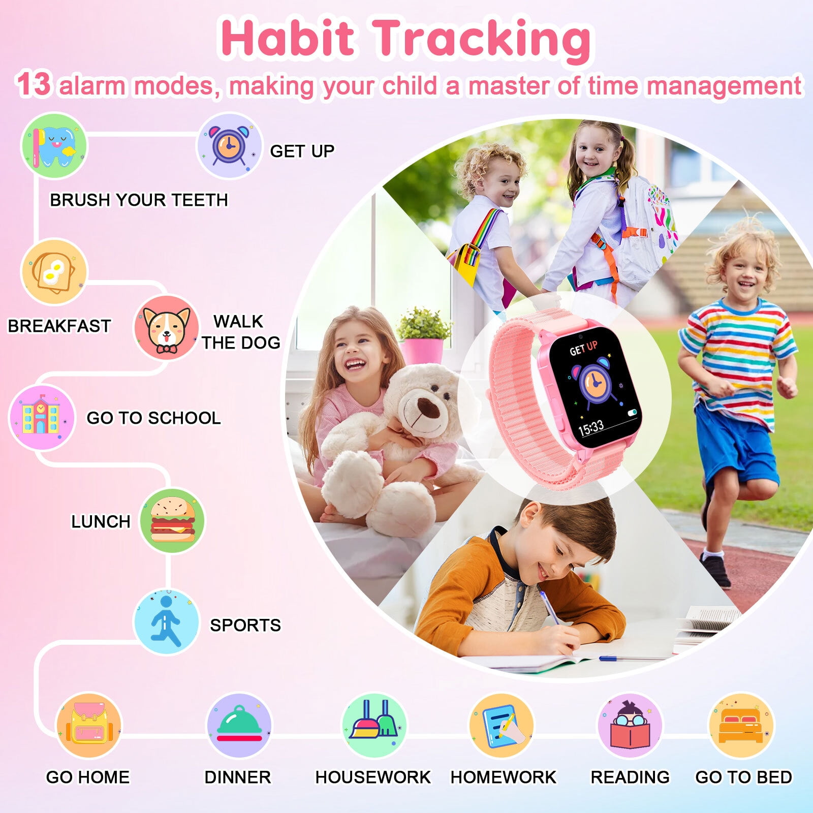 Eurhowing 1.83" Smart Watch for Kids 3-12, 30 Games, Habit Tracking, Music Player, Video, Alarm Clock, HD Touchscreen, Educational Toys Birthday Christmas Gifts for Boys Girls, Pink - Image 2