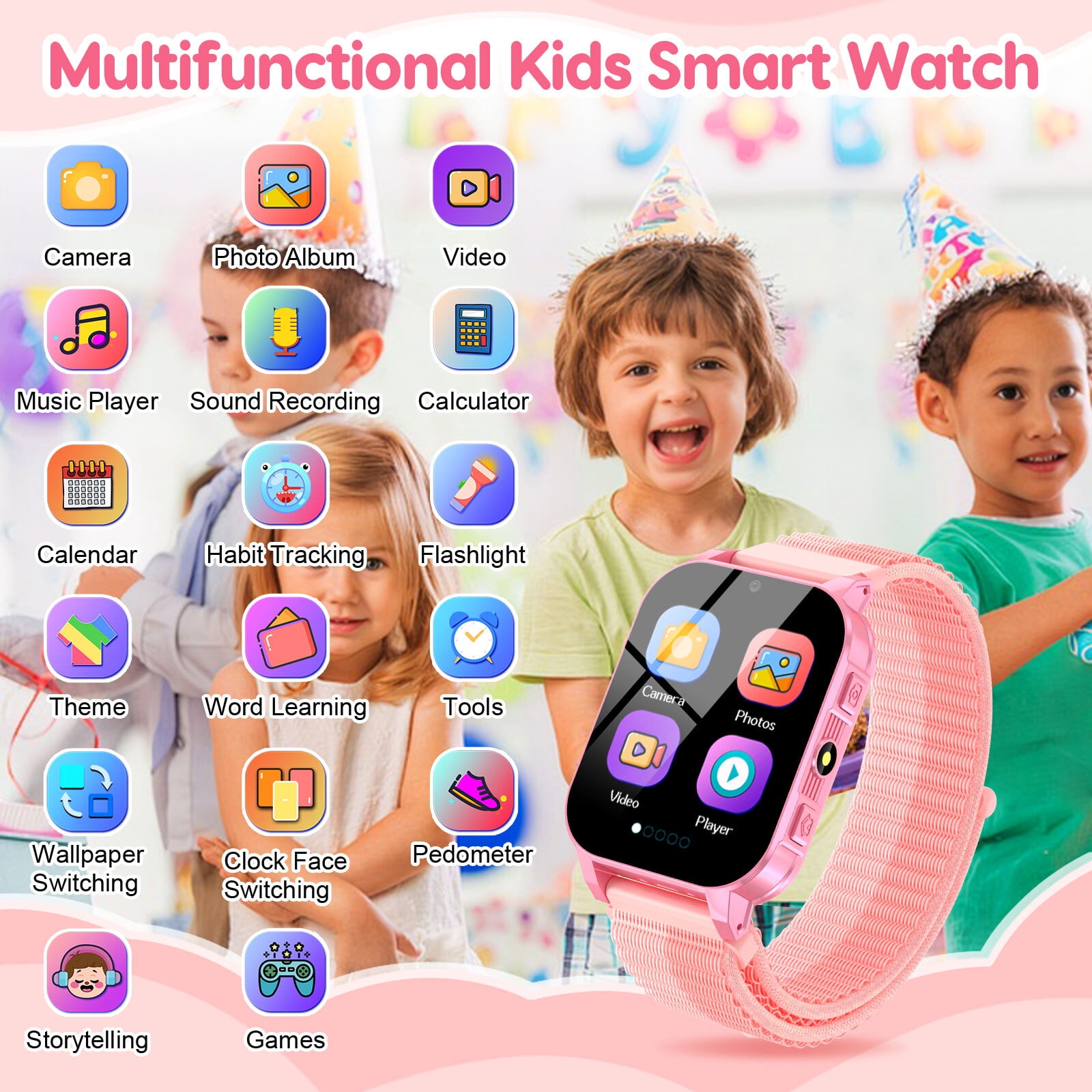 Eurhowing 1.83" Smart Watch for Kids 3-12, 30 Games, Habit Tracking, Music Player, Video, Alarm Clock, HD Touchscreen, Educational Toys Birthday Christmas Gifts for Boys Girls, Pink - Image 4