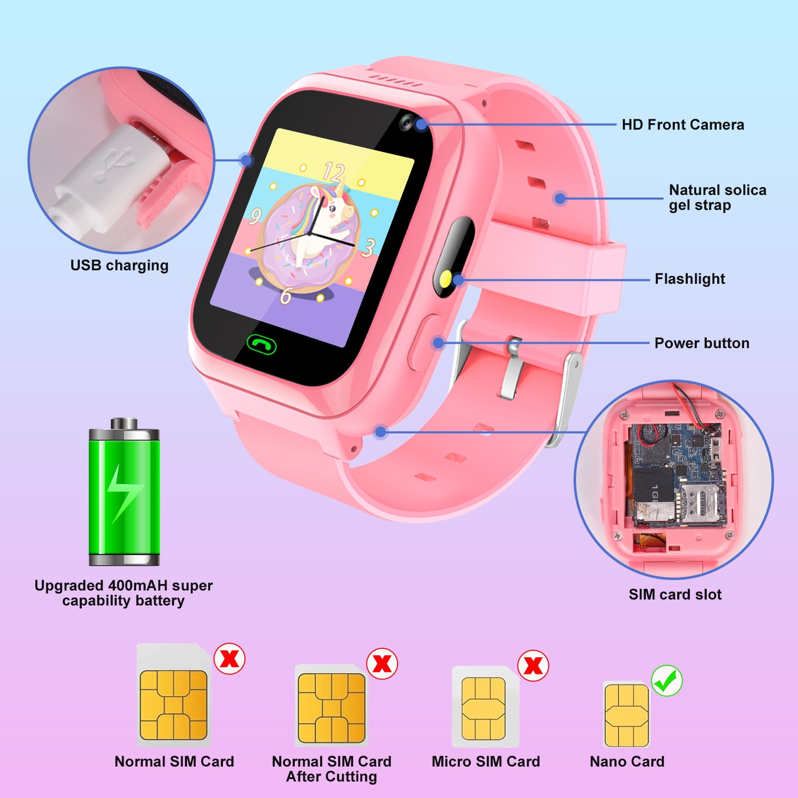Eurhowing Kids Smart Watch with Two-Way Call, Kid-Safe Anti-Lost Smartwatch Phone, SOS Call Remote Camera Touch Screen Games, Christmas Birthday Gift for 3-12 Girls Boys, Pink - Image 3