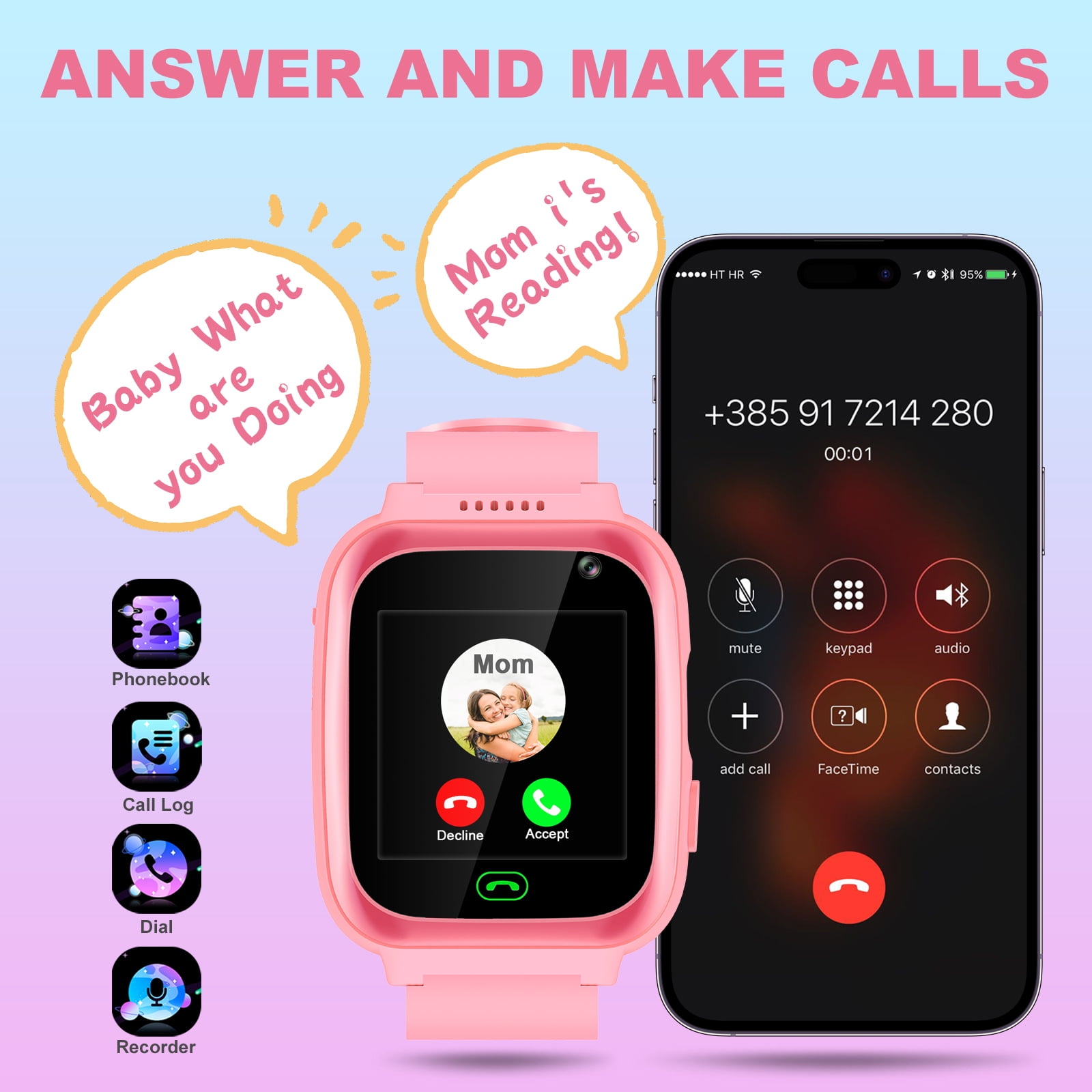 Eurhowing Kids Smart Watch with Two-Way Call, Kid-Safe Anti-Lost Smartwatch Phone, SOS Call Remote Camera Touch Screen Games, Christmas Birthday Gift for 3-12 Girls Boys, Pink - Image 5