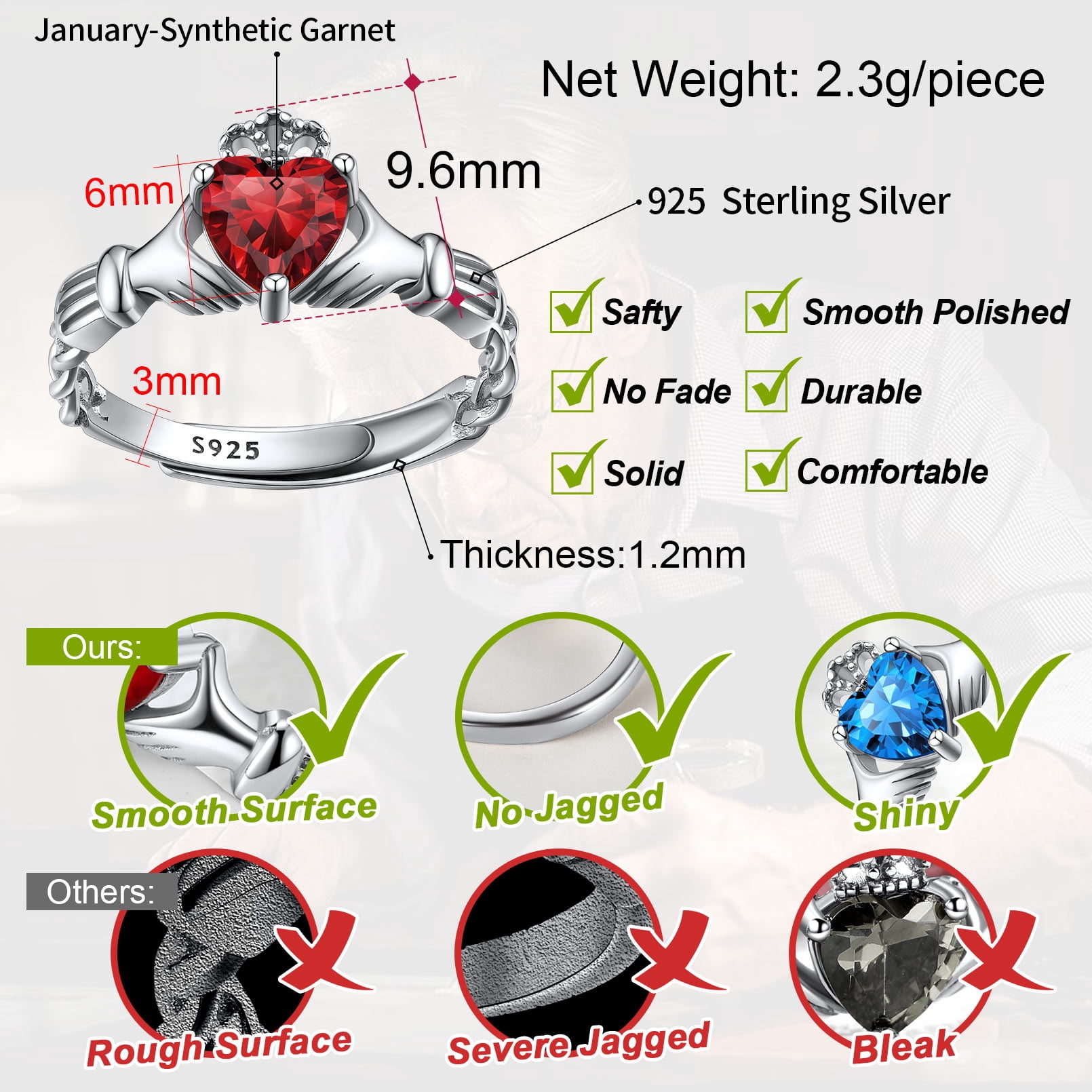 FaithHeart Irish Claddagh Heart Promise Ring for Women 925 Sterling Silver Garnet January Birthstone Celtic Knot Ring Adjustable Wedding Band Jewelry Gift for Wife Anniversary - Image 3
