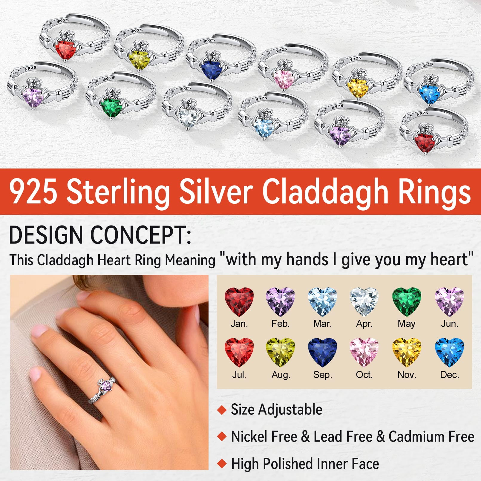 FaithHeart Irish Claddagh Heart Promise Ring for Women 925 Sterling Silver Garnet January Birthstone Celtic Knot Ring Adjustable Wedding Band Jewelry Gift for Wife Anniversary - Image 4