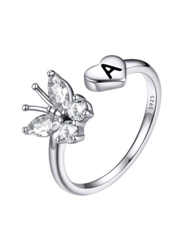 FaithHeart Sterling Silver Butterfly Initial Rings for Women Adjustable Open Stackable Heart Finger Ring Dainty Cubic Zirconia Jewelry Gift Letter A