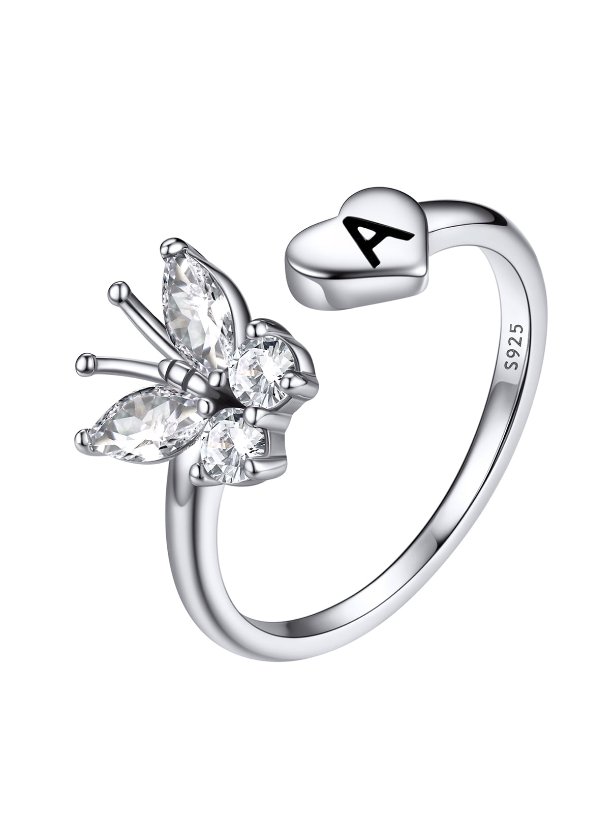 FaithHeart Sterling Silver Butterfly Initial Rings for Women Adjustable Open Stackable Heart Finger Ring Dainty Cubic Zirconia Jewelry Gift Letter A
