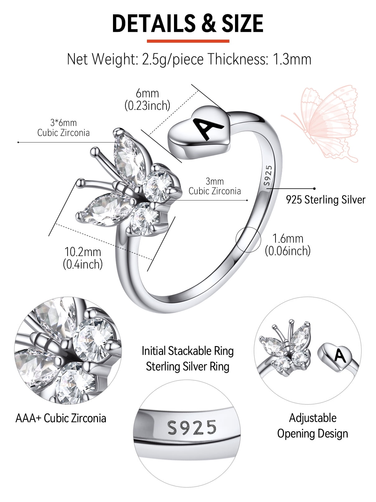 FaithHeart Sterling Silver Butterfly Initial Rings for Women Adjustable Open Stackable Heart Finger Ring Dainty Cubic Zirconia Jewelry Gift Letter A - Image 2