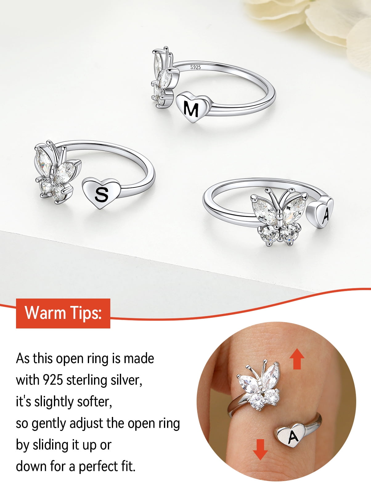 FaithHeart Sterling Silver Butterfly Initial Rings for Women Adjustable Open Stackable Heart Finger Ring Dainty Cubic Zirconia Jewelry Gift Letter A - Image 4