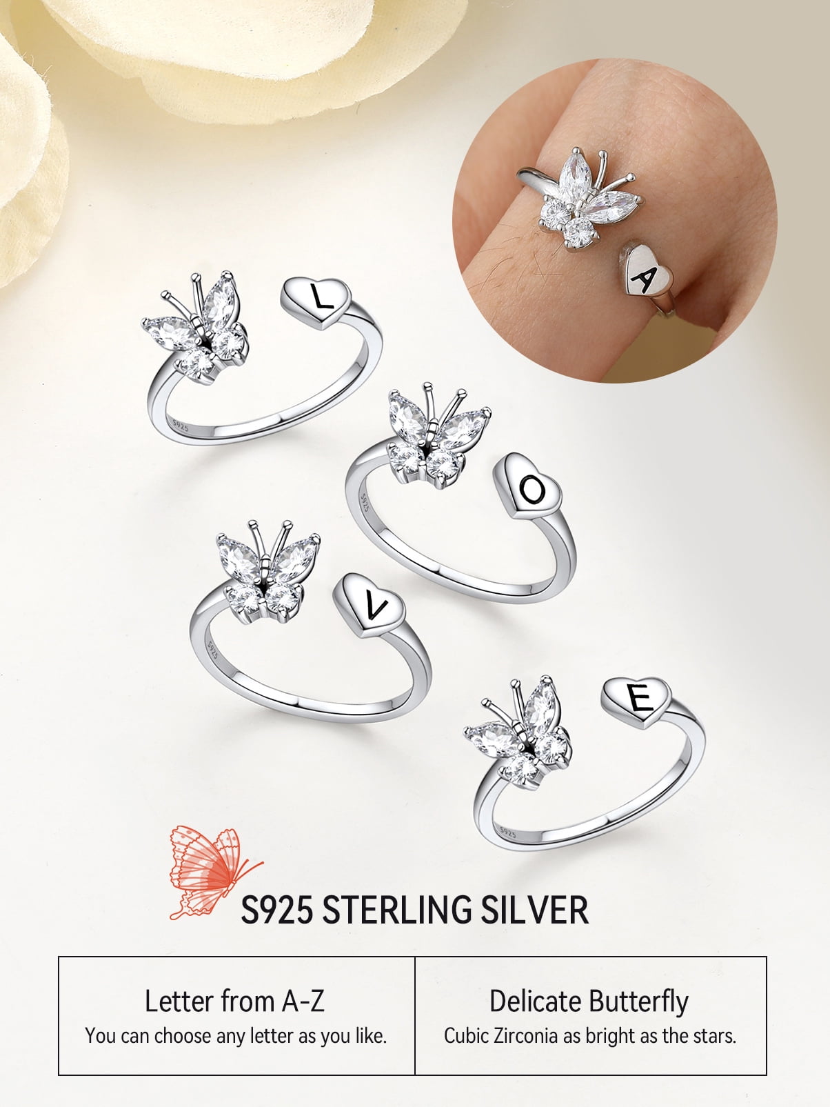 FaithHeart Sterling Silver Butterfly Initial Rings for Women Adjustable Open Stackable Heart Finger Ring Dainty Cubic Zirconia Jewelry Gift Letter A - Image 3