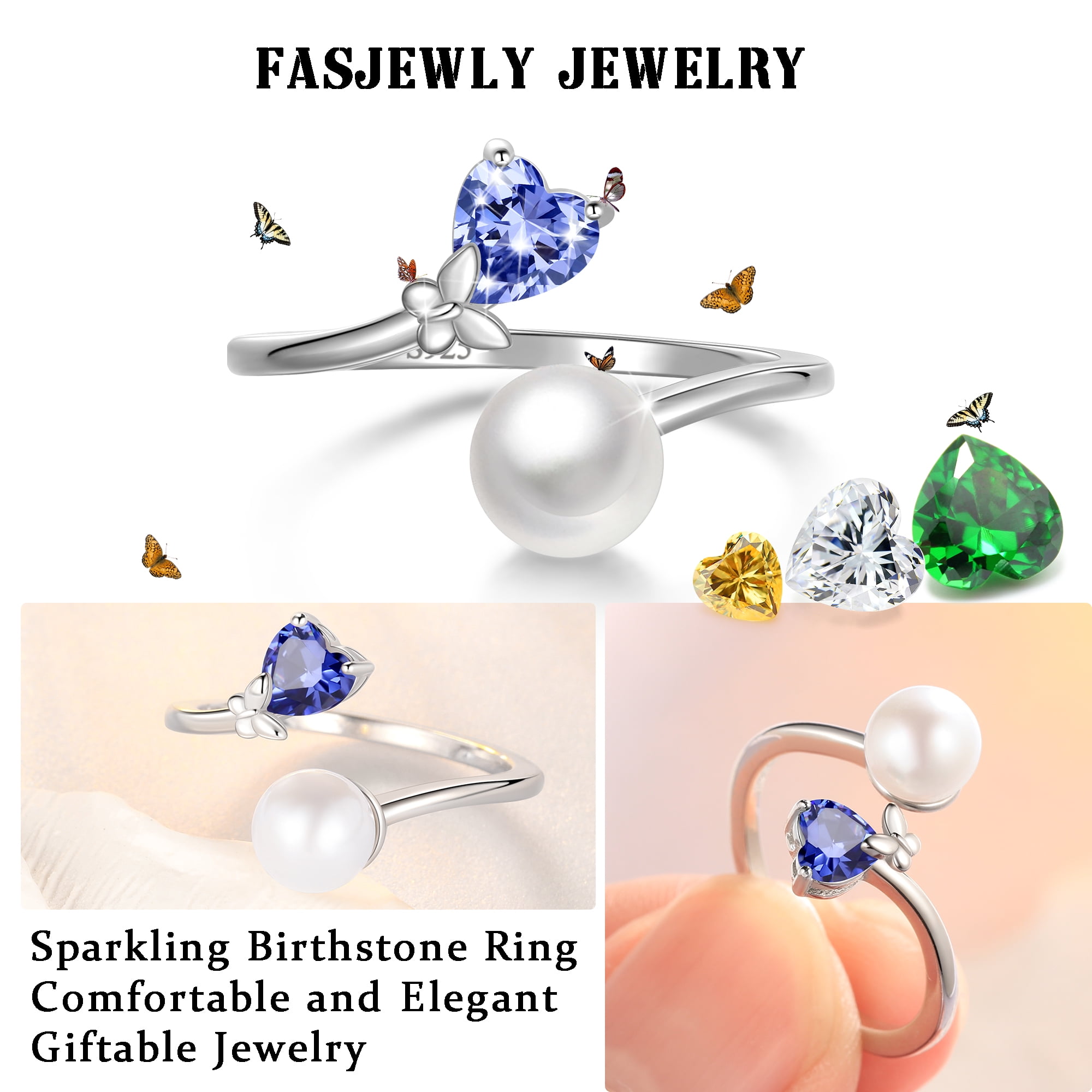 Fasjewly 7mm Natural Pearl Heart Ring,925 Sterling Silver Heart Birthstone Butterfly Adjustable Open Rings Birthday Anniversary Christmas Jewelry Gifts for Women / Wife / Lovers - Image 3