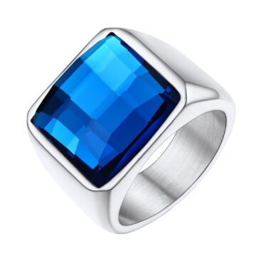 FindChic Mens Wedding Bands Cocktail Ring Stainless Steel Blue Gemstone Thumb Ring for Him Husband Valentine's Christmas Jewelry Gift Size 7-14（Box）