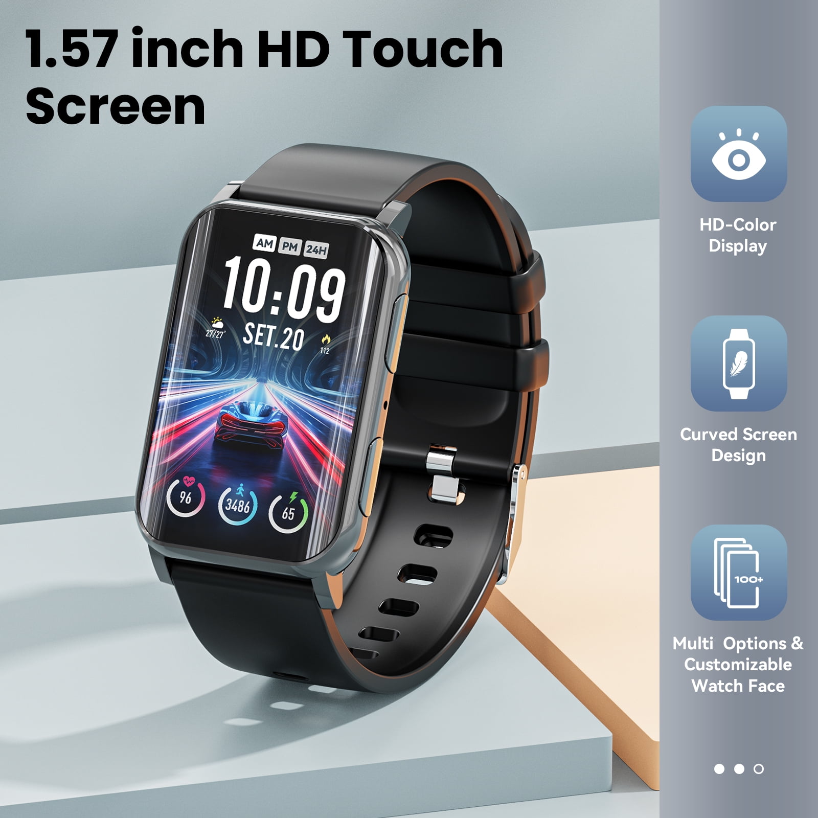 Fitness Tracker, 1.57" Smart Watch for Women Men, 10mm Ultra-Thin Fitness Watch with 2 Interchangeable Bands/Answer/Make Calls/120 Sports Modes/IP68 Waterproof, fits for Android iPhone Devices, Black - Image 2