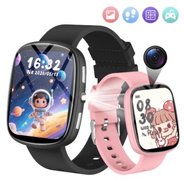 FITORA Games Smart Watch for Kids 1.83''HD Touch Screen Camera 22 Puzzle Games Sleep Tracker Camera Flashlight Children Watch Gift for 4-12 Year Old -Two Watches（black+pink)