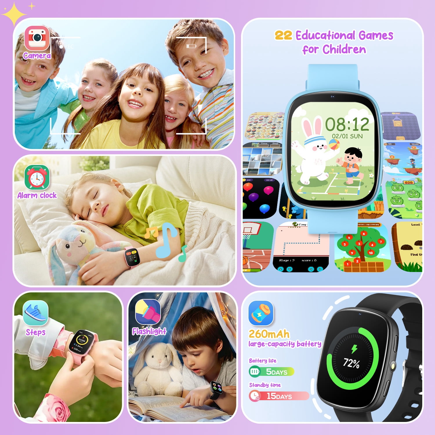 FITORA Games Smart Watch for Kids 1.83''HD Touch Screen Camera 22 Puzzle Games Sleep Tracker Camera Flashlight Children Watch Gift for 4-12 Year Old -Two Watches(black+pink) - Image 2