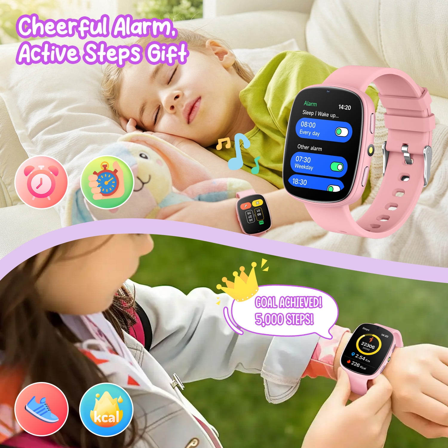 FITORA Games Smart Watch for Kids 1.83''HD Touch Screen Camera 22 Puzzle Games Sleep Tracker Camera Flashlight Children Watch Gift for 4-12 Year Old -Two Watches(black+pink) - Image 3