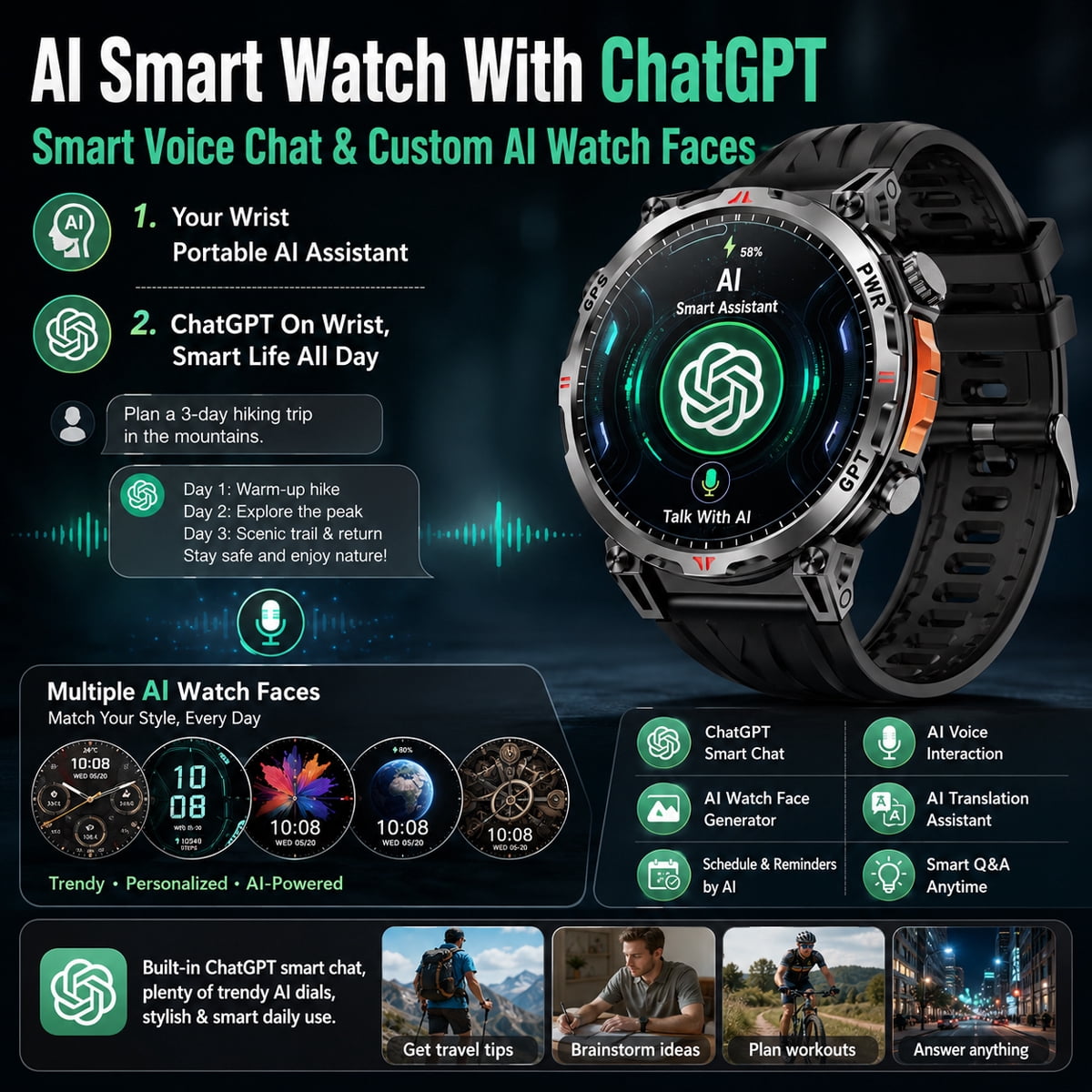 Flagship Premium Military Smart Watch, 1.56" AMOLED Smartwatch with GPS/ChatGPT AI Assistant/3ATM Waterproof/100+ Sports Modes, Fitness Tracker fits for Android iPhone Devices, 2 Bands - Image 3