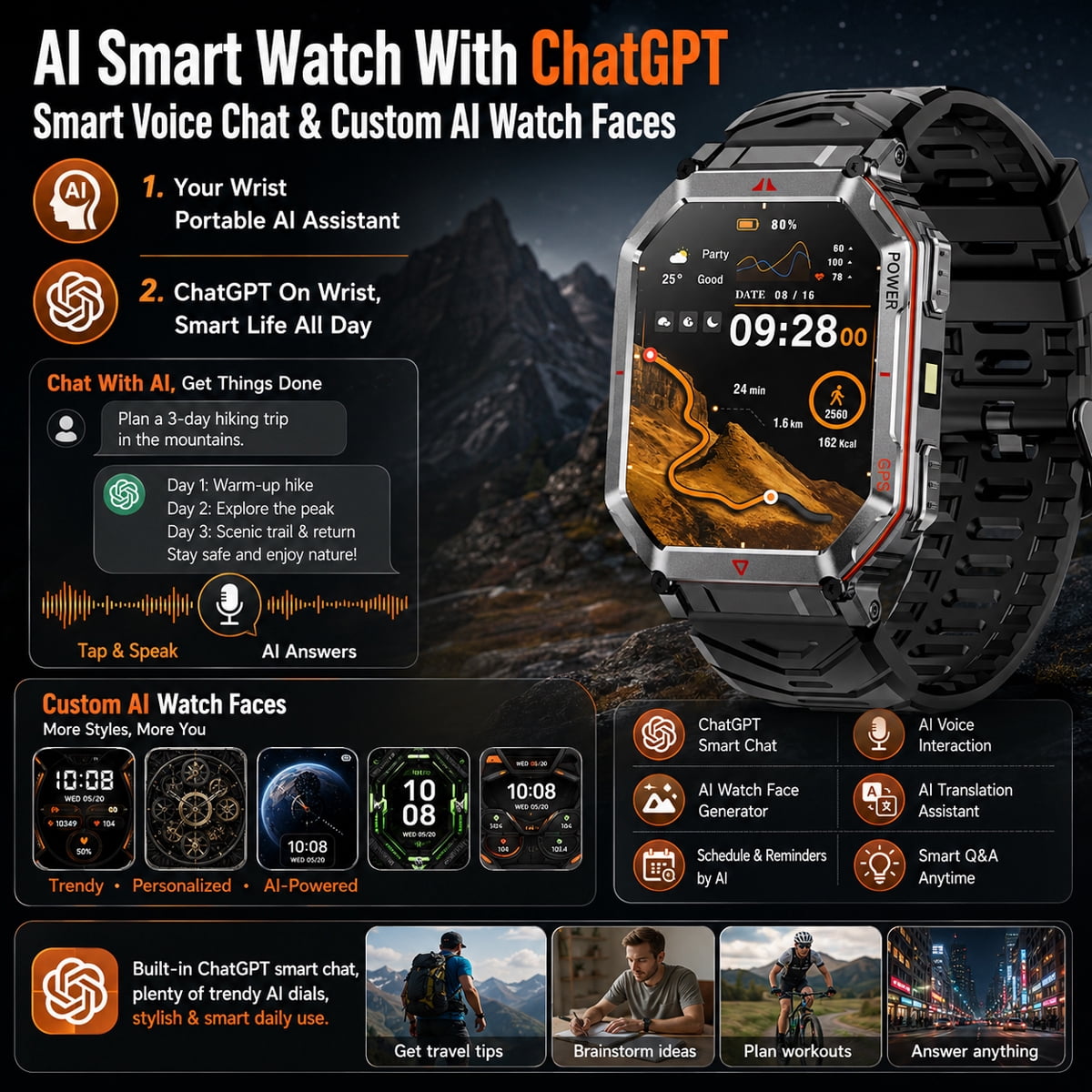Flagship Premium Military Smart Watch, 2.01" HD Smartwatch with GPS, ChatGPT AI Assistant, 3ATM Waterproof, 100+ Sports Modes, Fitness Tracker fits for Android iPhone Devices, 2 Bands (Black + Camo) - Image 2