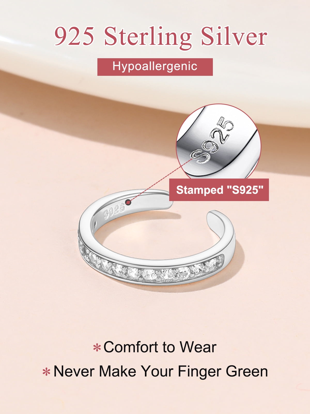 FOCALOOK Toe Ring for Women 925 Sterling Silver Cubic Zirconia Adjustable Open Toe Band Ring Beach Foot Jewelry Gift for Summer Holiday - Image 2