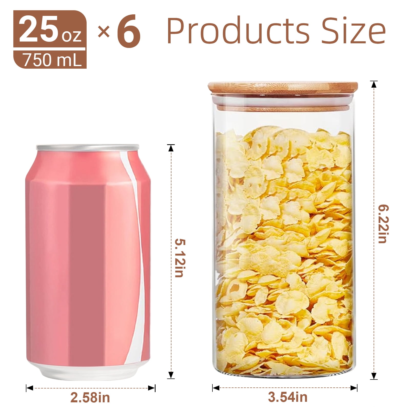 FOUKUS Glass Jar with Bamboo Lid: 6 Pack 25oz Airtight Food Storage Containers, Kitchen and Pantry Organizer for Coffee, Sugar, Flour, Candy, Pasta, Cereal, Tea, Nuts, Cookie, Spice - Image 5