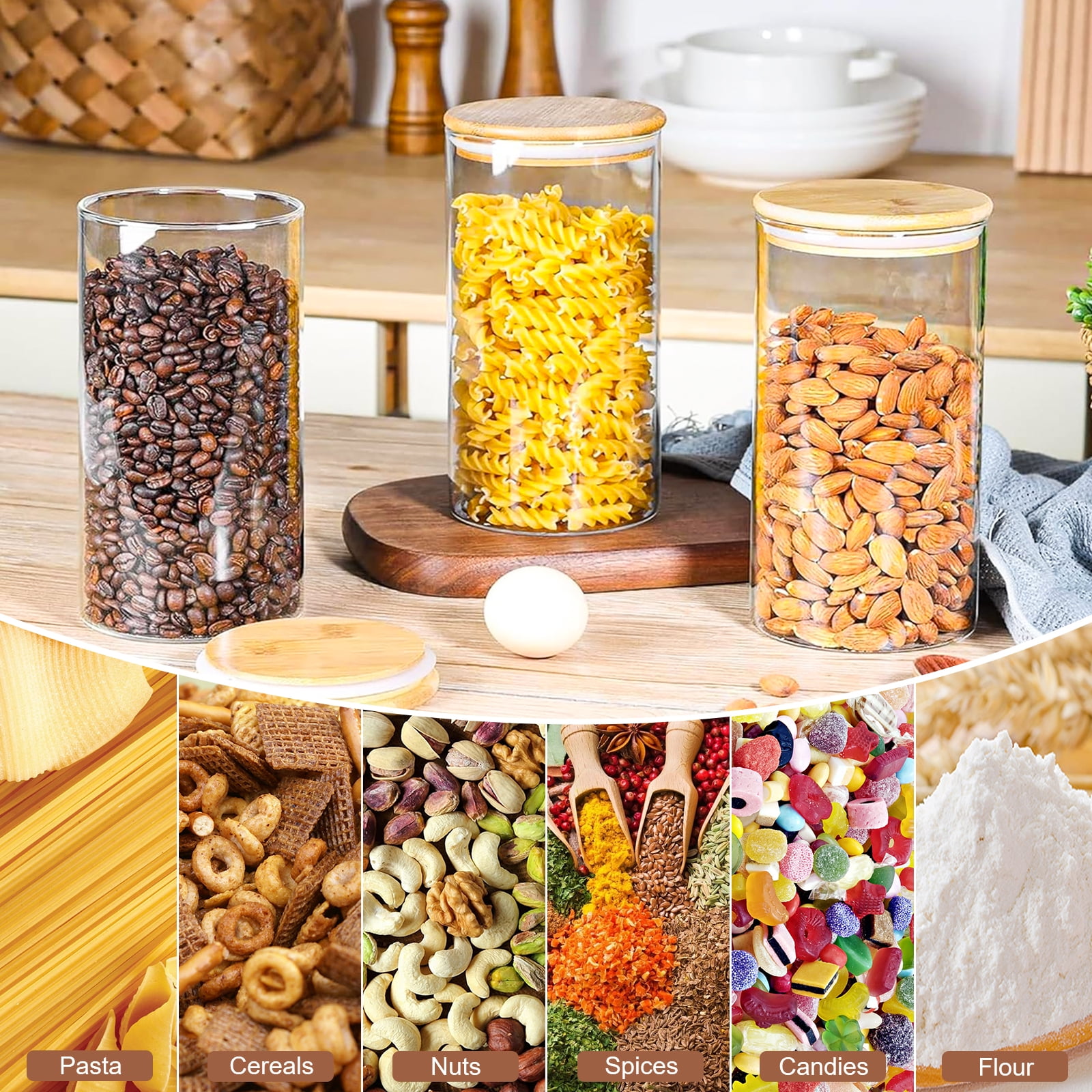 FOUKUS Glass Jar with Bamboo Lid: 6 Pack 25oz Airtight Food Storage Containers, Kitchen and Pantry Organizer for Coffee, Sugar, Flour, Candy, Pasta, Cereal, Tea, Nuts, Cookie, Spice - Image 2