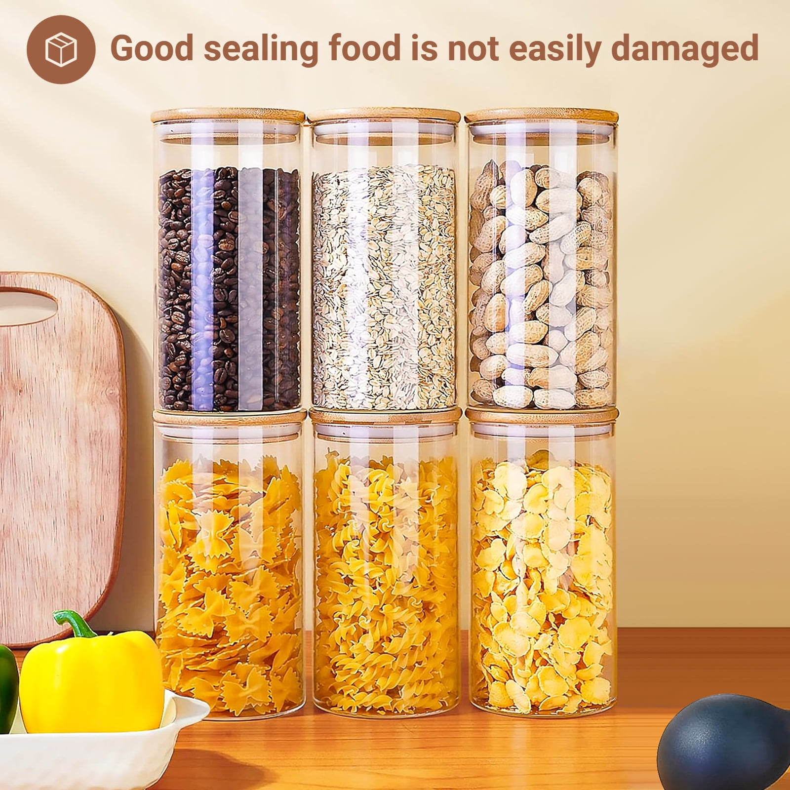 FOUKUS Glass Jar with Bamboo Lid: 6 Pack 25oz Airtight Food Storage Containers, Kitchen and Pantry Organizer for Coffee, Sugar, Flour, Candy, Pasta, Cereal, Tea, Nuts, Cookie, Spice - Image 4
