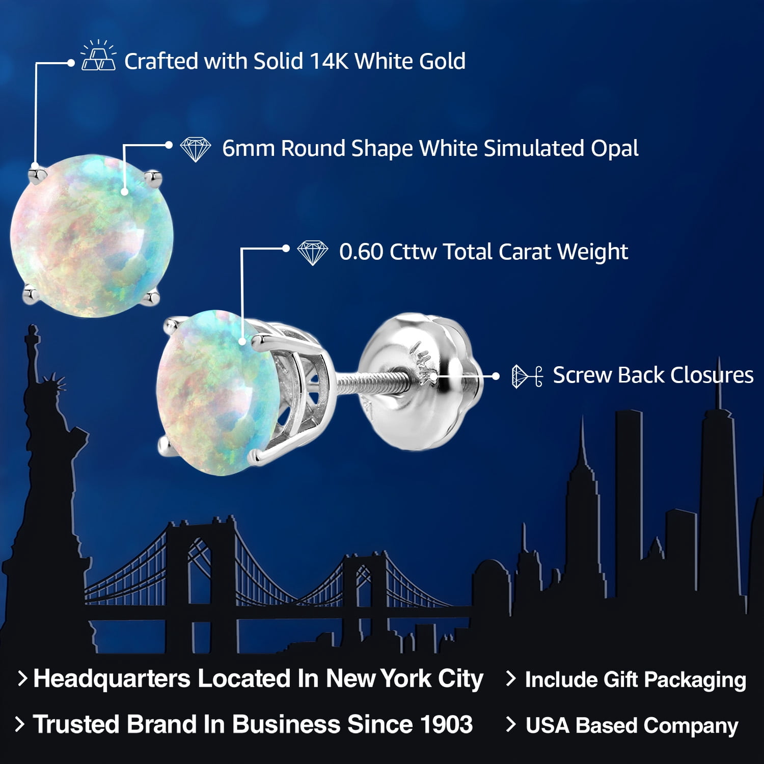 Gem Stone King 14K White Gold White Simulated Opal Screwback Stud Earrings Jewelry for Women Men | 0.60 Cttw | Gemstone Birthstone | Round Cabochon 6MM - Image 3