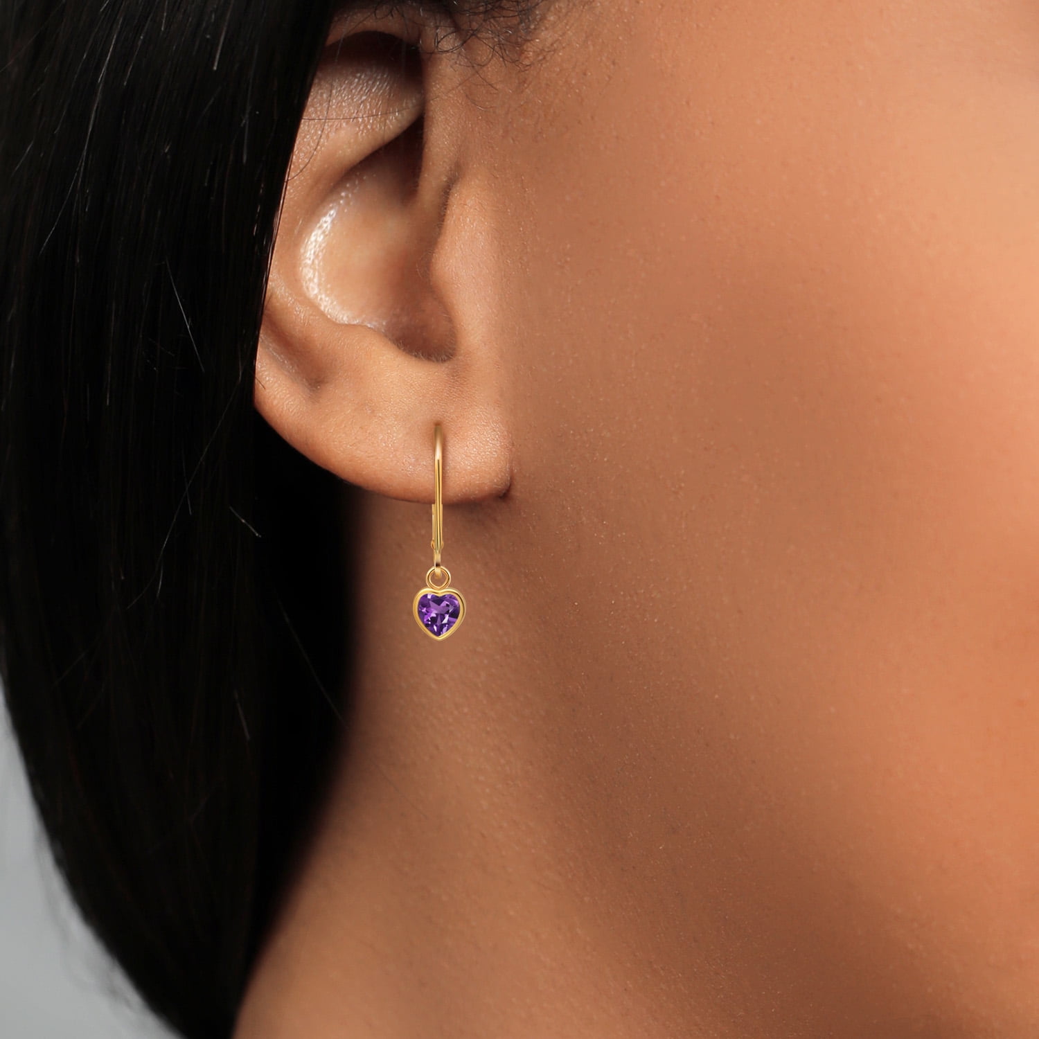 Gem Stone King 14K Yellow Gold Purple Amethyst Drop Dangle Leverback Earrings for Women (0.84 Cttw, Gemstone February Birthstone, Heart Shape 5MM) - Image 2