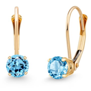 Gem Stone King 14K Yellow Gold Swiss Blue Topaz and Dangle Earrings for Women | 0.71 Cttw | Gemstone November Birthstone | Round 4MM