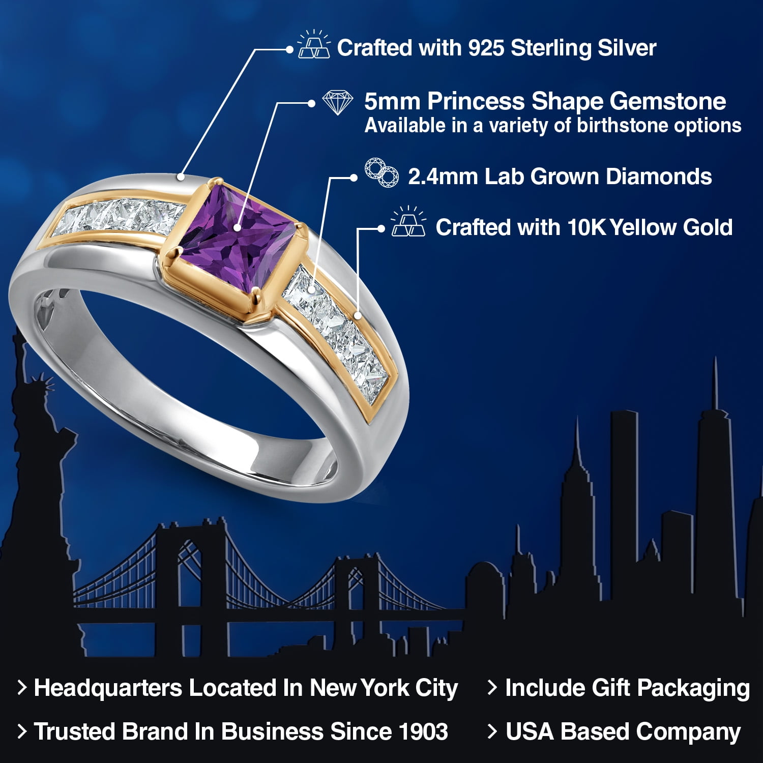 Gem Stone King 925 Silver and 10K Yellow Gold Purple Amethyst and White Lab Grown Diamond Statement Ring for Men | 1.10 Cttw | Princess 5MM | Gemstone February Birthstone | Size 10 - Image 4