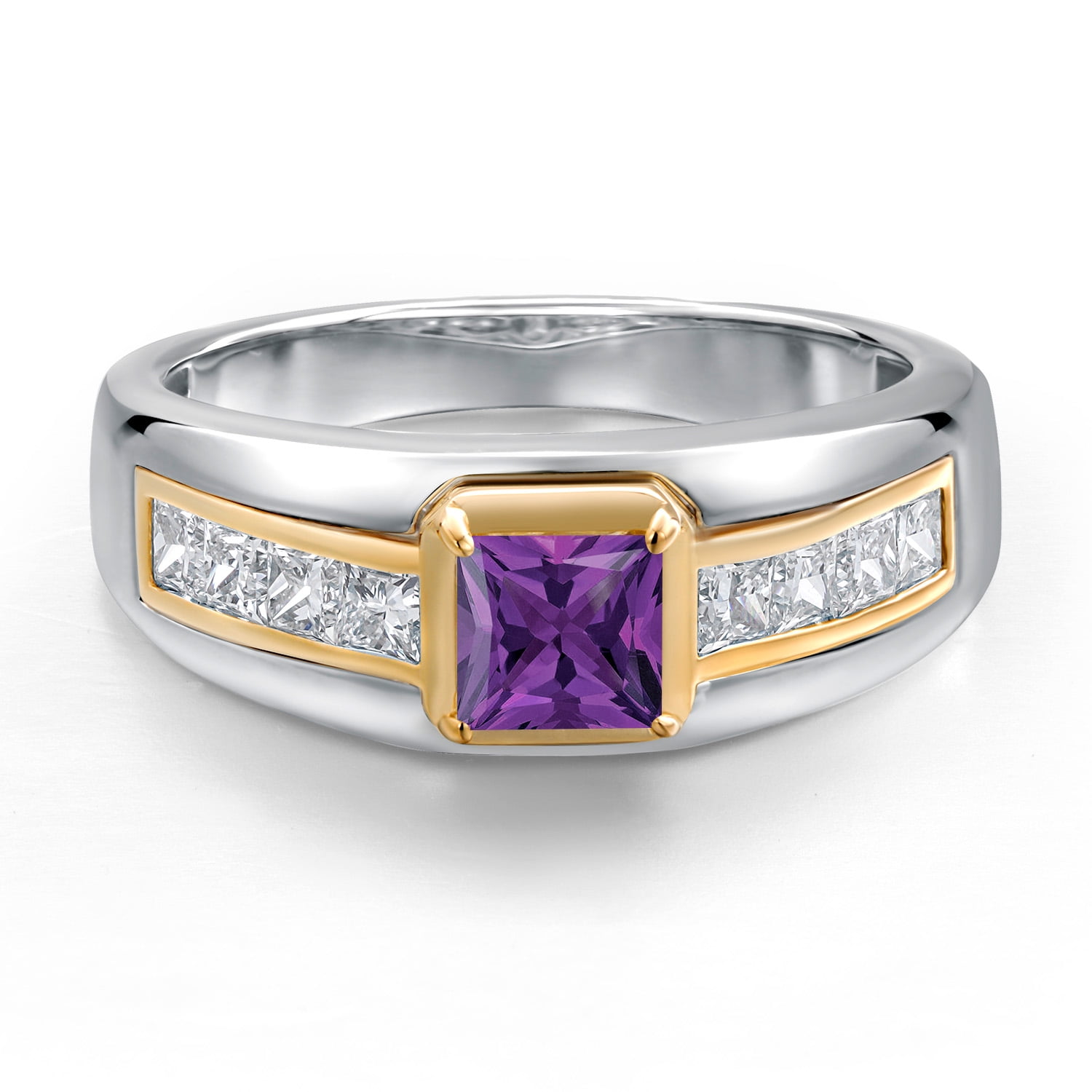 Gem Stone King 925 Silver and 10K Yellow Gold Purple Amethyst and White Lab Grown Diamond Statement Ring for Men | 1.10 Cttw | Princess 5MM | Gemstone February Birthstone | Size 10 - Image 2