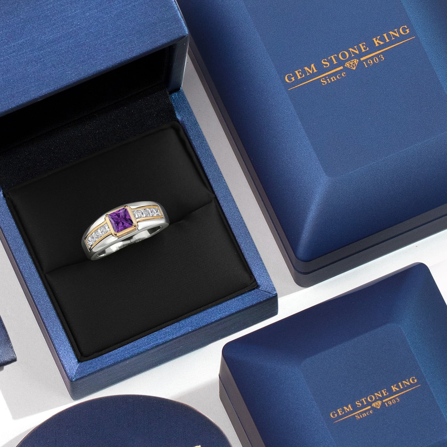 Gem Stone King 925 Silver and 10K Yellow Gold Purple Amethyst and White Lab Grown Diamond Statement Ring for Men | 1.10 Cttw | Princess 5MM | Gemstone February Birthstone | Size 10 - Image 5