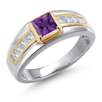 Gem Stone King 925 Silver and 10K Yellow Gold Purple Amethyst and White Lab Grown Diamond Statement Ring for Men | 1.10 Cttw | Princess 5MM | Gemstone February Birthstone | Size 10