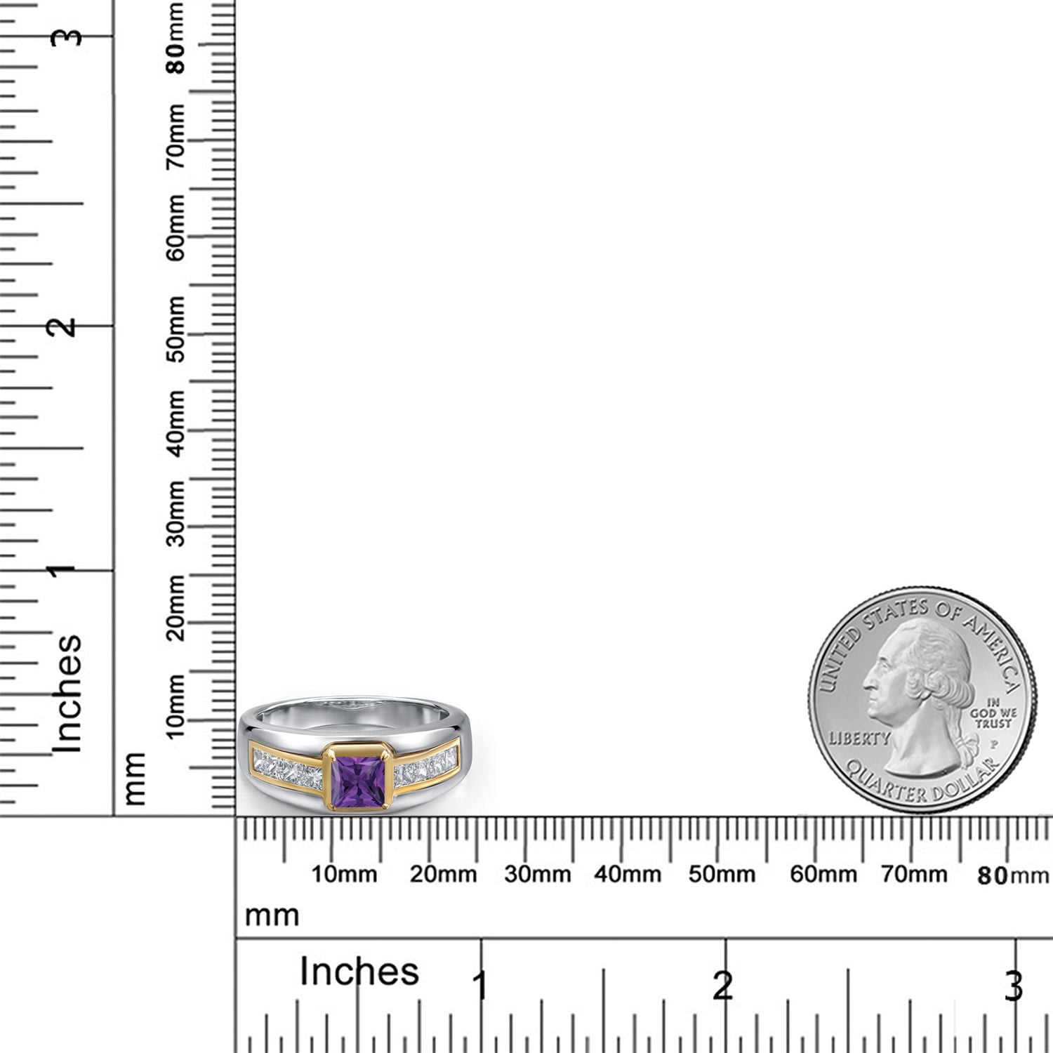 Gem Stone King 925 Silver and 10K Yellow Gold Purple Amethyst and White Lab Grown Diamond Statement Ring for Men | 1.10 Cttw | Princess 5MM | Gemstone February Birthstone | Size 10 - Image 3