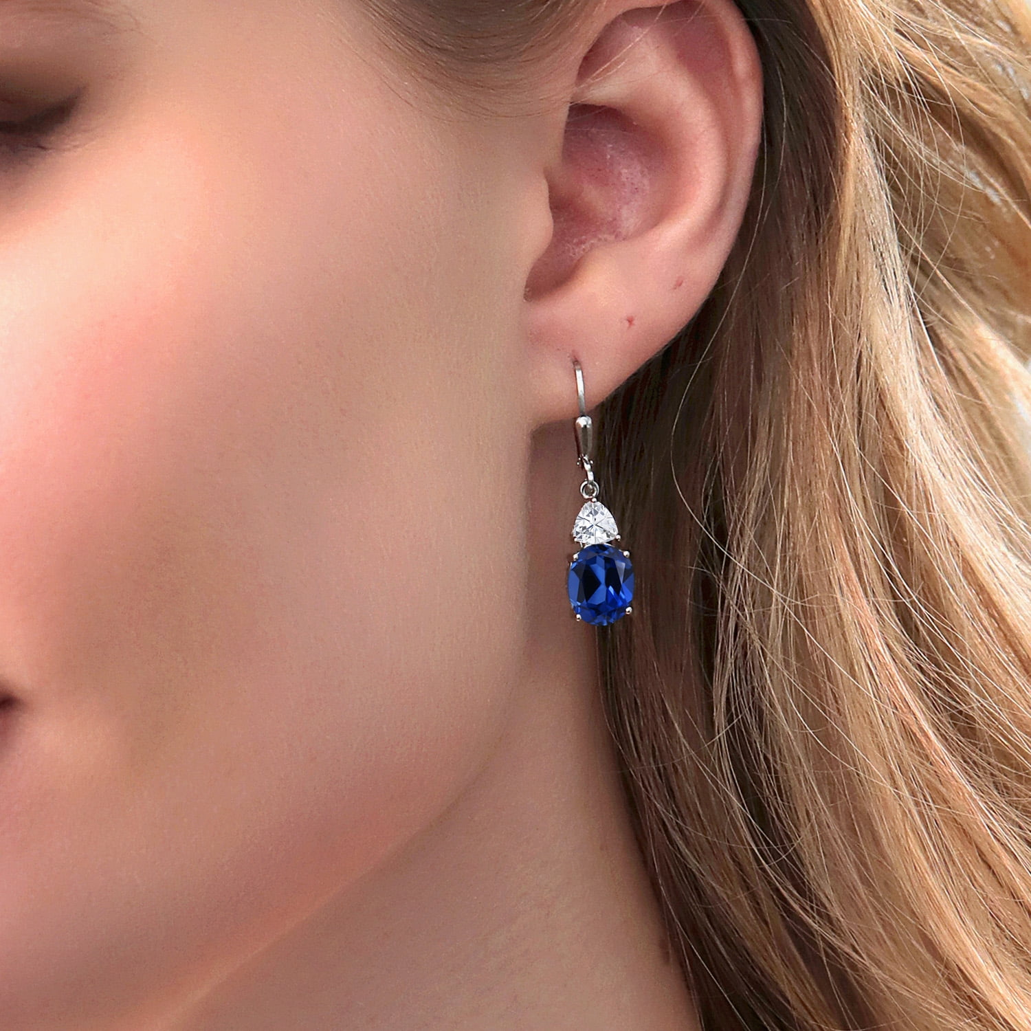 Gem Stone King 925 Sterling Silver Blue Created Sapphire and White Moissanite Dangle Earrings for Women (7.54 Cttw, Gemstone September Birthstone, Oval 10X8MM, Trillion 5MM) - Image 2