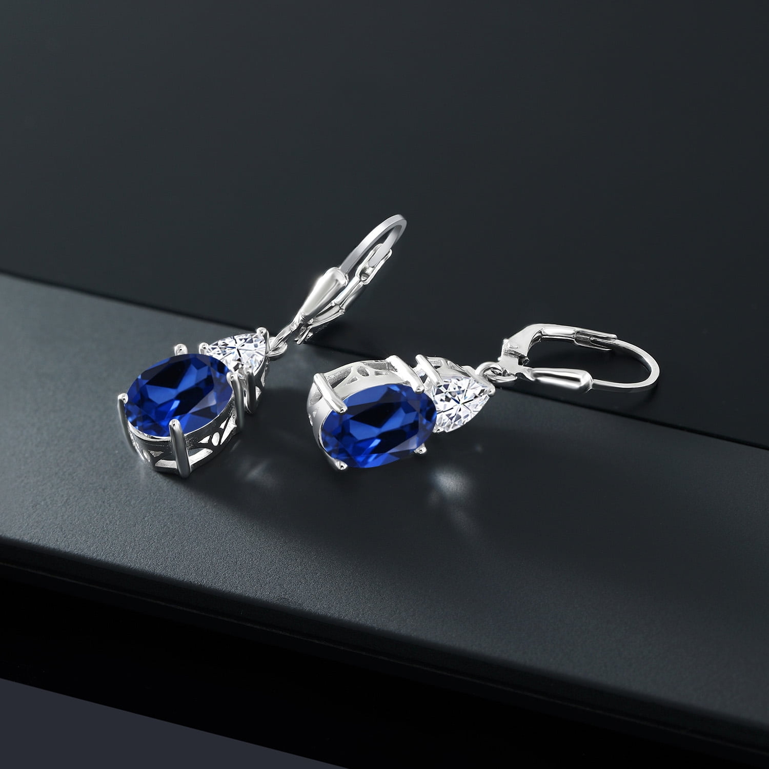 Gem Stone King 925 Sterling Silver Blue Created Sapphire and White Moissanite Dangle Earrings for Women (7.54 Cttw, Gemstone September Birthstone, Oval 10X8MM, Trillion 5MM) - Image 5